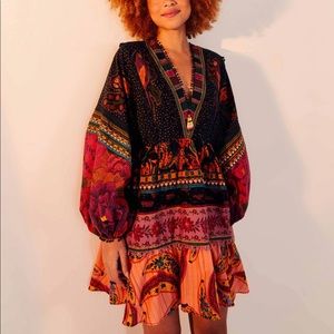 FARM RIO Cotton Mixed Patchwork Long Sleeve Minidress Multicolor XS NWT